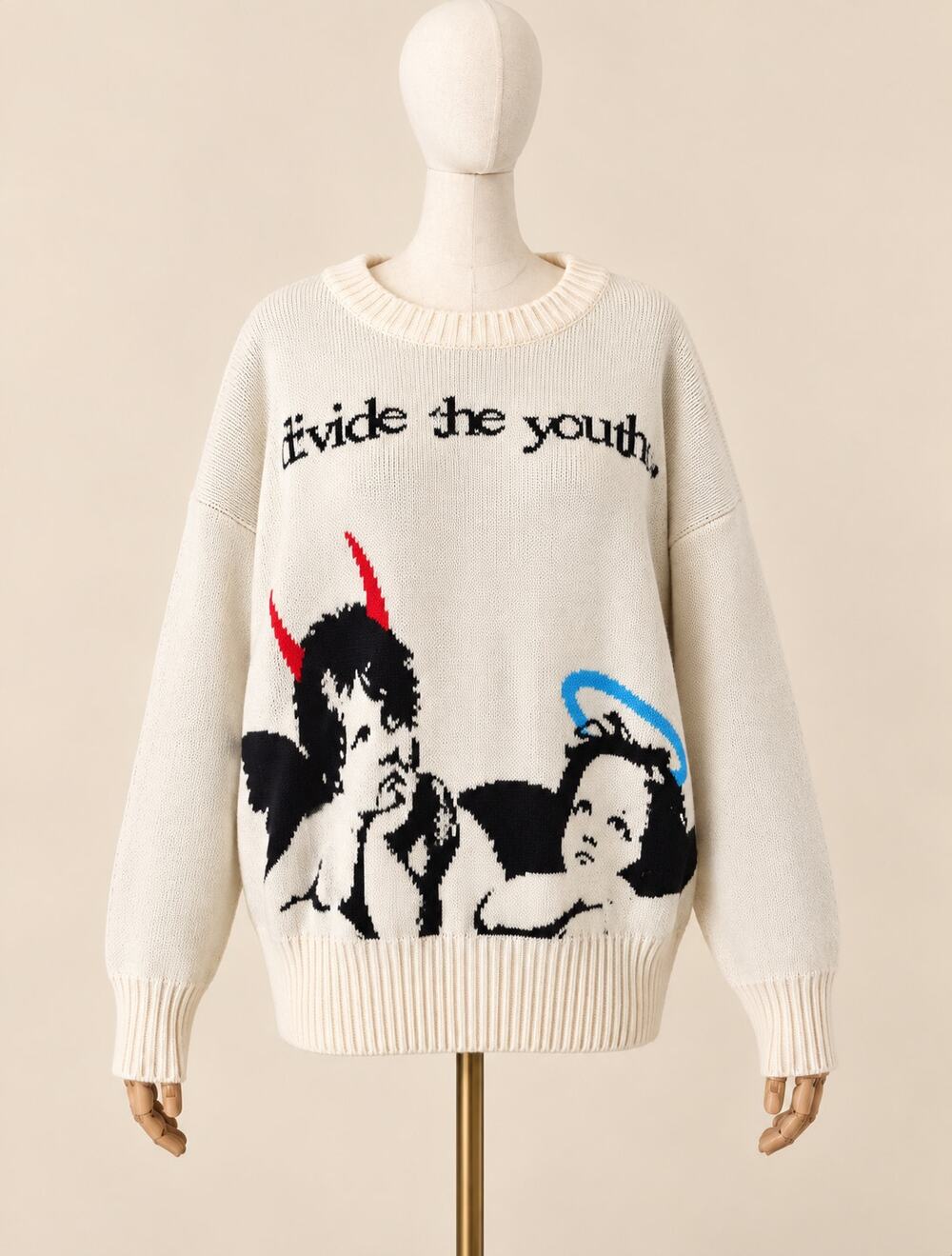 Divide the Youth Angel Devil Graphic Sweater Ivory Cotton Crewneck Size L